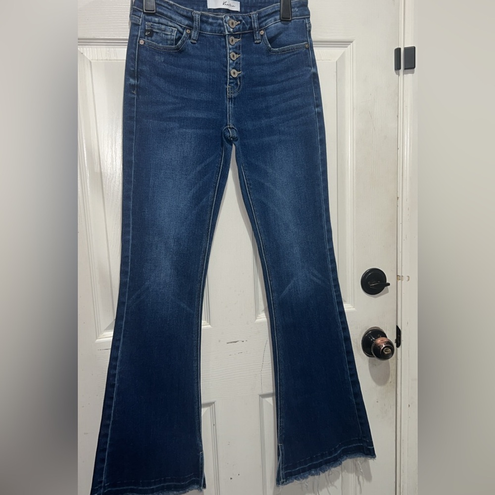 KanCan raw hem flare denim with button fly